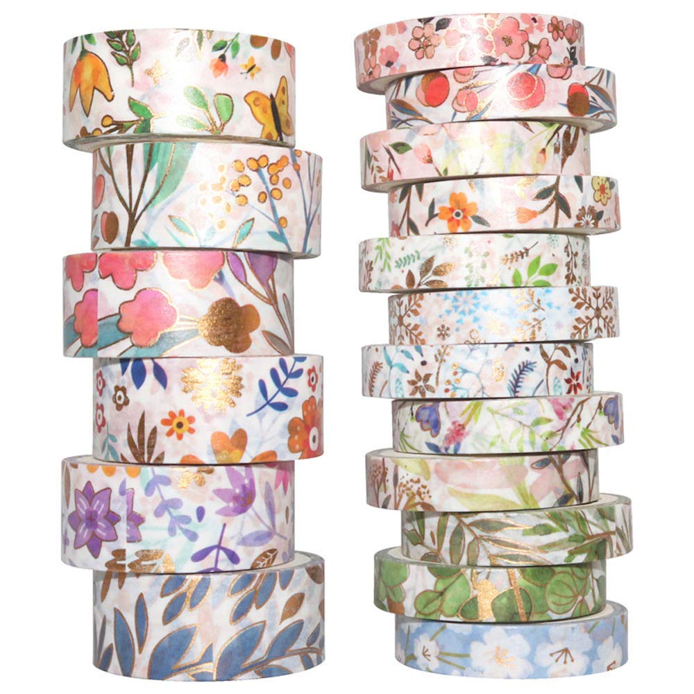HASTHIP 18 Rolls of Gold Foil Fower and Paper Tape Set Colored Tape Colored Decorative Painter Tape for Handcraft Scrapbooking Bullet Diary DIY Gift Packaging HASTHIP 18 Rolls of Gold Foil Fower and Paper Tape Set Colored Tape Colored Decorative Painter Tape for Handcraft Scrapbooking Bullet Diary DIY Gift Packaging